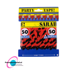 Partytape/markeerlint/afzetlint Sarah 50 jaar, 12 meter