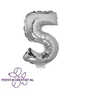 Folieballon cijfer 5 zilver op stokje, 41cm