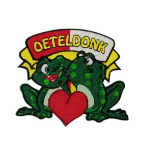 Strijkembleem/applicatie, carnaval kikker paartje met pailletten - Oeteldonk,12x10,5cm