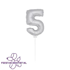 Folieballon cijfer 5 zilver op stokje, 36cm