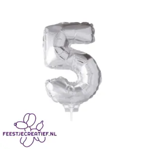 Folieballon cijfer 5 zilver op stokje, 36cm