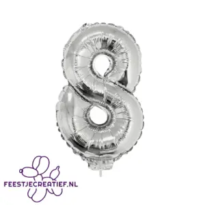 Folieballon cijfer 8 zilver met stokje, 36cm