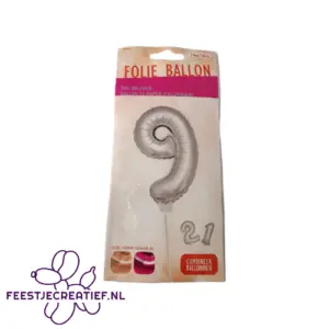 Folieballon cijfer 9 zilver met stokje, 36cm