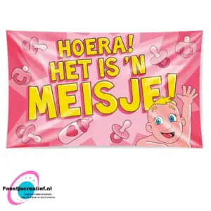 XXL gevelvlag "Hoera! Het is 'n meisje!", 150x90cm