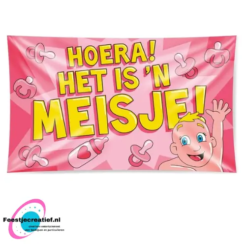XXL gevelvlag "Hoera! Het is 'n meisje!", 150x90cm 1 XXL gevelvlag "Hoera! Het is 'n meisje!", 150x90cm