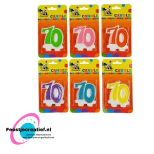 Verjaardagskaars cijfer 70 oranje-wit/roze-wit