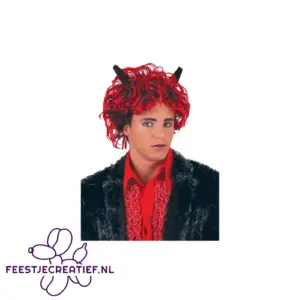 Duivelspruik met hoorns zwart-rood krullend