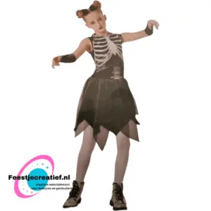 Verkleedset Halloween jurk skeleton, maat 110