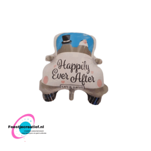 Folieballon trouwauto blauw "Happily ever after", 54x55cm