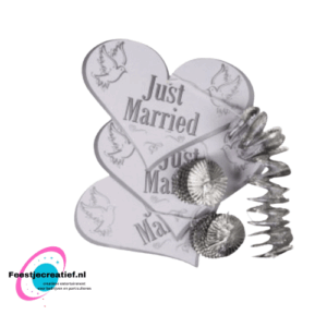 Bruiloft/huwelijkse versiering zilveren spiraal met papieren hart "Just married" - 3 stuks