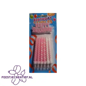 Verjaardagskaarsjes "Happy Birthday" roze-wit, 8cm - 12 stuks