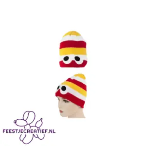 Gebreide muts rood/wit/geel met ogen
