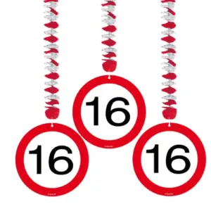 Hangdecoratie spirals 16 jaar verkeersbord - 3 stuks