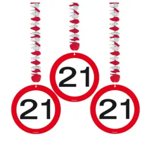 Hangdecoratie spirals 21 jaar verkeersbord  3 stuks