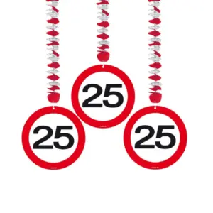 Hangdecoratie spirals verkeersbord 25 jaar - 3 stuks