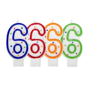 Verjaardagskaars cijfer 6 groen-wit/oranje-wit/rood-wit/blauw-wit