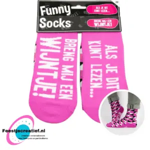 Funny Socks roze "Als je dit kunt lezen... breng mij een wijntje!"