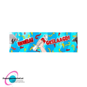 Markeringstape/partytape "Hoera! Geslaagd!" blauw, 12 meter