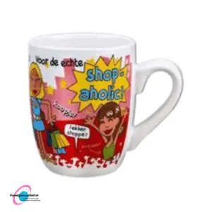 Cartoon mok "Voor de echte shop-aholic!"