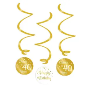 Hangdecoratie swirls 40 jaar goud-wit - 3 stuks