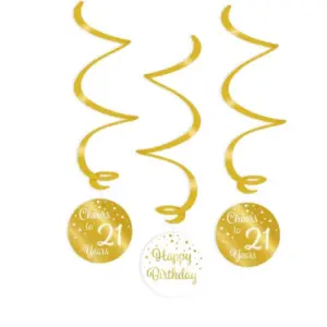Hangdecoratie swirls 21 jaar goud-wit 3 stuks