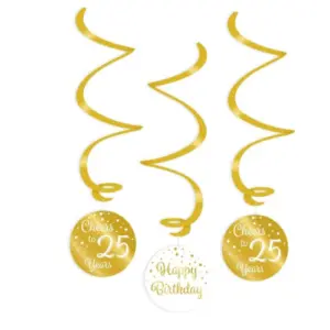 Hangdecoratie swirls 25 jaar goud-wit - 3 stuks