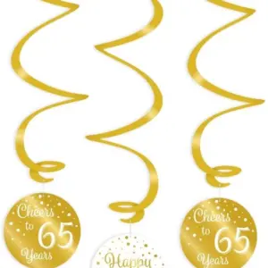 Hangdecoratie swirls 65 jaar goud-wit - 3 stuks