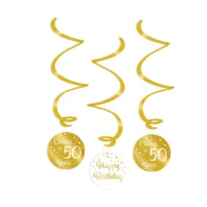 Hangdecoratie swirls 50 jaar goud-wit - 3 stuks