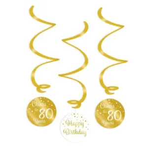 Hangdecoratie swirls 80 jaar goud-wit - 3 stuks