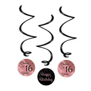 Hangdecoratie swirls 16 jaar rosegoud-zwart - 3 stuks