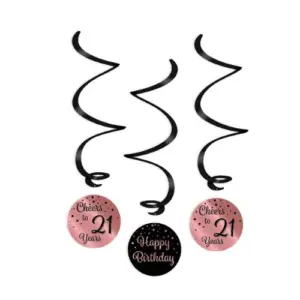 Hangdecoratie swirls 21 jaar rosegoud-zwart  3 stuks