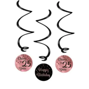 Hangdecoratie swirls 25 jaar rosegoud-zwart 3 stuks