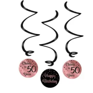 Hangdecoratie swirls 50 jaar rosegoud-zwart - 3 stuks