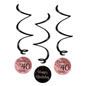 Hangdecoratie swirls 40 jaar rosegoud-zwart - 3 stuks