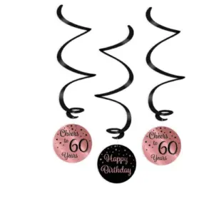Hangdecoratie swirls 60 jaar rosegoud-zwart - 3 stuks