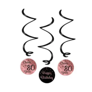 Hangdecoratie swirls 80 jaar rosegoud-zwart - 3 stuks