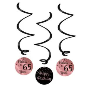 Hangdecoratie swirls 65 jaar rosegoud-zwart - 3 stuks