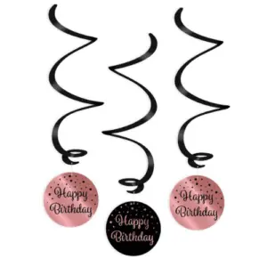 Hangdecoratie "Happy Birthday" roségoud-zwart - 3 stuks