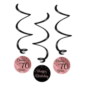 Hangdecoratie swirls 70 jaar rosegoud-zwart - 3 stuks