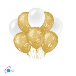Latex ballonnen 16 jaar goud-wit, 30cm - 8 stuks