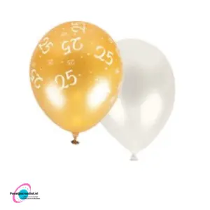 Latex ballonnen 25 jaar goud-wit, 30cm - 8 stuks