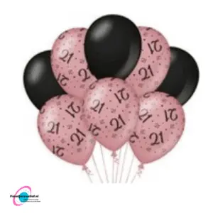 Latex ballonnen 21 jaar rosegoud-zwart, 30cm - 8 stuks