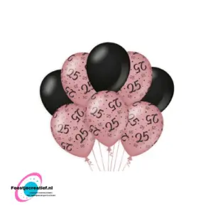 Latex ballonnen 25 jaar rosegoud-zwart, 30cm - 8 stuks