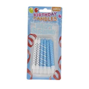 Verjaardagskaarsjes "Happy Birthday" blauw-wit, 8cm - 12 stuks