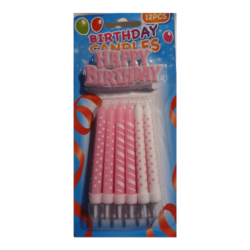 Verjaardagskaarsjes "Happy Birthday" roze-wit, 8cm - 12 stuks