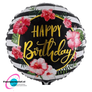 Folieballon Happy birthday zwart-wit bloemen