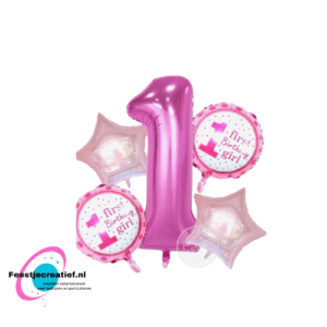 Ballonboeket 1e verjaardag meisje roze, 5-delig