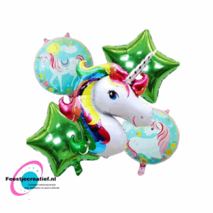 Ballonboeket eenhoorn groen-blauw, 5-delig