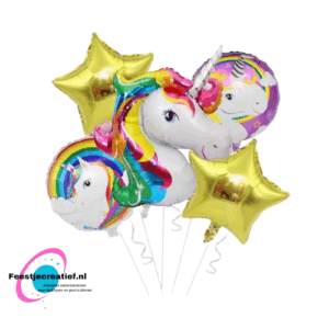 Ballonboeket eenhoorn goud-regenboog, 5-delig