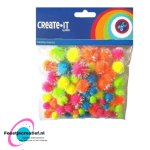 Pompons neon gekleurd glitter mix - 75 stuks